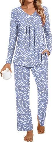 Anyhold Womens Fall Pajama Sets 2 Piece Long Sleeve Pjs, Ladies Sleepwear Pleated Outfits Lounge Set with Pockets in Saudi Arabia