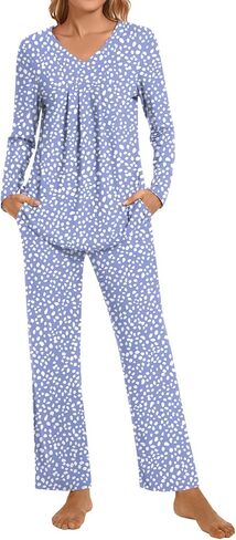 Anyhold Womens Fall Pajama Sets 2 Piece Long Sleeve Pjs, Ladies Sleepwear Pleated Outfits Lounge Set with Pockets in Saudi Arabia