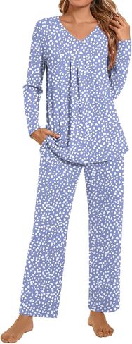 Anyhold Womens Fall Pajama Sets 2 Piece Long Sleeve Pjs, Ladies Sleepwear Pleated Outfits Lounge Set with Pockets in Saudi Arabia