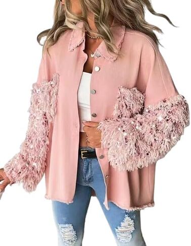 CHICME BEST SHOPPING DEALS Womens Jacket Sequin Patchwork Long Sleeve Jacket Top Button Front Oversized Denim Shacket in Saudi Arabia