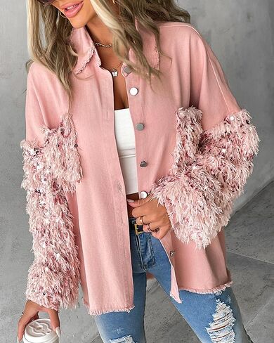 CHICME BEST SHOPPING DEALS Womens Jacket Sequin Patchwork Long Sleeve Jacket Top Button Front Oversized Denim Shacket in Saudi Arabia
