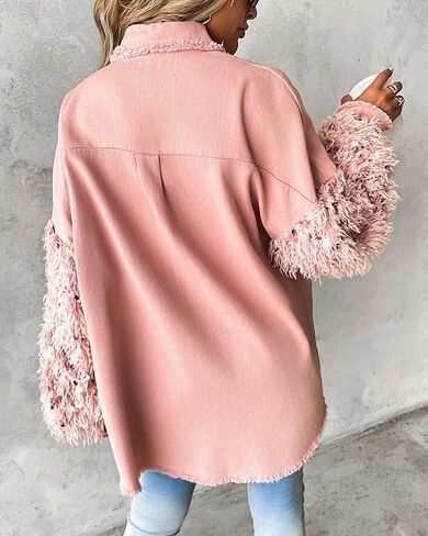 CHICME BEST SHOPPING DEALS Womens Jacket Sequin Patchwork Long Sleeve Jacket Top Button Front Oversized Denim Shacket in Saudi Arabia