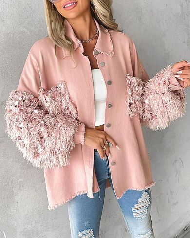 CHICME BEST SHOPPING DEALS Womens Jacket Sequin Patchwork Long Sleeve Jacket Top Button Front Oversized Denim Shacket in Saudi Arabia