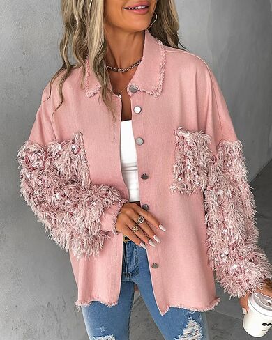 CHICME BEST SHOPPING DEALS Womens Jacket Sequin Patchwork Long Sleeve Jacket Top Button Front Oversized Denim Shacket in Saudi Arabia