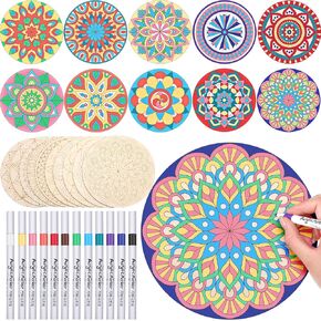 22 Pcs Wooden Mandala Painting Set 10 Mandala Unfinished Wood Cutouts with 12 Markers for Crafts Mandala Wood Slices for Adults Painting, DIY Crafts Tags Wedding Home Decors(Artsy Style)