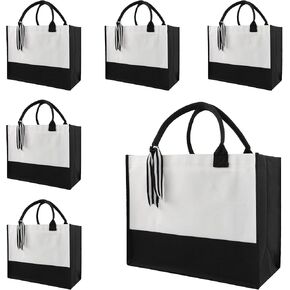 6 PCS classic black and white canvas tote bags, DIY personalized blank beach shopping bag for women, Mom, friend gift (Tote Bag *6pcs)