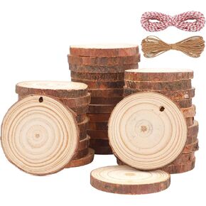 OPULANE Natural Wood Slices 50Pcs 2.0-2.4 Inches Unfinished Wood Rounds Predrilled Holes with 98Ft Twine String Round Wooden Circles with Bark for Crafts Arts DIY Christmas Ornaments Burning Painting