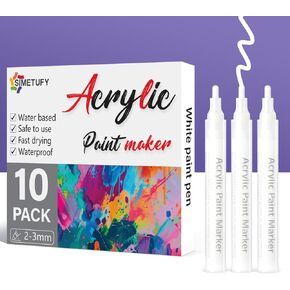 Simetufy 10 White Paint Pen, 0.7mm White Marker, Acrylic Marker for Rock Painting Ceramic Wood Glass Tire Plastic, White Extra Fine Tip for Craft office Supplies, Oil Based Waterproof Markers