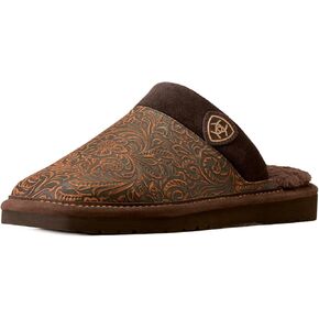 ARIAT Men's Silversmith Warm Soft Embossed Tooling Full-grain Leather Square Toe Slippers with Shearling Lining