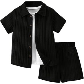 SweatyRocks Boy's 2 Piece Outfits Short Sleeve Collar Button Down Shirt and Shorts Clothing Set