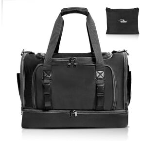 Black Small Gym Bag for Women Men with Shoe Compartment, Foldable Sport Tote Bag with Yoga Mat Holder, Waterproof Travel Duffel Bag, Carry on Weekender Bag for Airplanes with 8 Pockets