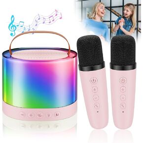 Mini Karaoke Machine for Kids, Bluetooth Speaker with 2 Wireless Microphones, Protable Toddler Karaoke Machine Toys with Variable Voice LED Lights for 4-12 Years Old Girls Christmas Birthday Gift