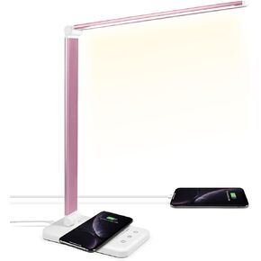 LED Desk Lamp with Wireless Charger, USB Charging Port, 10 Brightness, 5 Color Modes, Desk Lamps for Home Office, Dimmable Table Lamp Eye Caring Reading Light, Touch Control, Auto Timer, Black