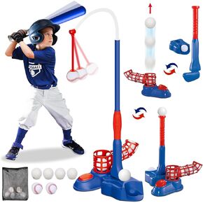 4 in 1 Baseball Tee Ball Set for Kids, T Ball and Golf Set for Toddlers, with Pitching Machine/Adjustable Batting Tee/Baseball Bat/Golf Clubs/6 Balls, Golf Gifts for Toddler Boys & Girls 6+