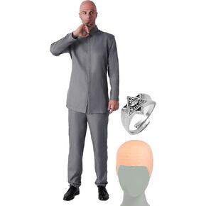 Maxim Party Supplies Men's Evil Mastermind Villian 60s Costume 4 Piece Set with Gray Suit, Bald Cap & Ring for Halloween