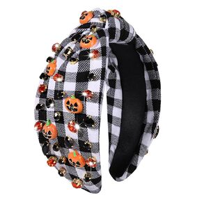 mokkia Halloween Headband for Women Crystal Pearl Knotted Headbands Beaded Boo Pumpkin Candy Corn Embellished Wide Top Knot Headband Halloween Accessories Spooky Costume Party Outfits Gifts (Ghost)