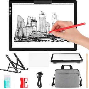 Skyygemm A4 Light Box with Carry Bag Tracing Light Pad Rechargeable 6 Level Brightness LED Light Board with Foldable Stand, Pencil, Eraser, Sharpener, 20 Sheet Tracing Paper for Sketching Drawing