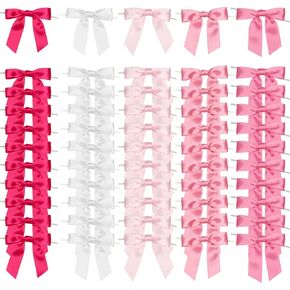 5 Colors Pink Twist Tie Bows for Treat Bags 3.5" Pre-Tied Pink Bows Satin Ribbon Bows Gift Wrap Bows Premade Bows for Crafts, Cake Pops, Wedding, Hair, Party Favors, Baked Goods (50 Pack)