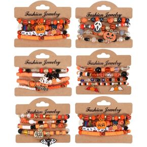 24 Pcs Halloween Bracelets Set,Halloween Multi Layered Bat Pumpkin Spider Bracelet Artificial Crystal Soft Ceramic Stackable Elastic Bracelet for Holiday Parties,Weddings,Dances,Vacations