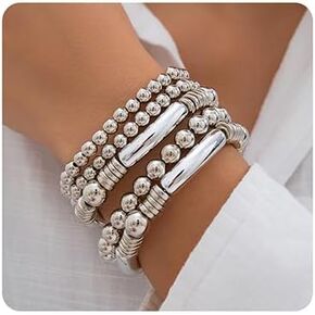 Jumwrit 5pcs Layered Beaded Bracelets Set for Women Dainty Stretch Elastic Round Ball Beads Chain Tube Bangle Bracelets Boho Stackable Bracelets Trendy Jewelry for Girls