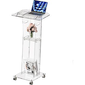Acrylic Podium Stand，49“ Tall Portable Podium with Lockable Wheels, Clear lecterns & Podium with Storage Shelf for Classroom, Pulpit Podium for Church,Wedding,Presentation