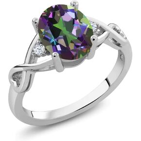 Gem Stone King 1.85 Cttw Oval Green Mystic Topaz and Round White Topaz 925 Sterling Silver 3-Stone Ring | 3 Stone Wedding Anniversary Promise Ring For Women | Size 5,6,7,8,9