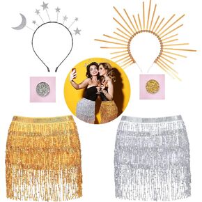 Halloween Moon and Sun Costumes Include Sunburst Spike Crown, Moon Star Headband, 2 Sequin Tassel Skirt and 2 Face Glitter