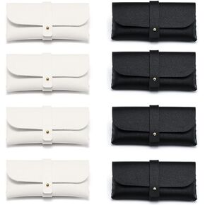 8Packs Leather Glasses Case Sunglass Pouch Bag Portable Eyeglasses Case Sunglasses Box Case Cover Travel Reading Glass Sleeve with Button for Women Man White Black