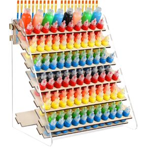 DoubleFill Paint Organizer & Paint Brush Storage Rack Wooden Miniature Holder Model Paint Holder Painting Stand Hobby Paint Storage for Acrylic Painting Craft Paint Organizer for 123 Bottle & 22 Brush