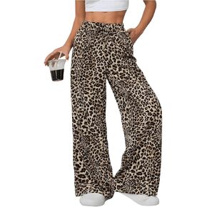 Floerns Women's Drawstring Waist Leopard Print Trousers Tie Front Wide Leg Pants in Kuwait