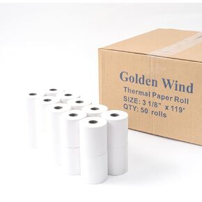 50 Rolls, GOLDEN WIND Thermal Paper Receipt Roll, 3 1/8" x 119', Premium Quality 55GSM for Cash Register/POS Thermal Printer Receipt, BPA Free White.