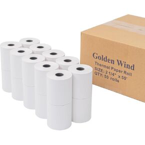 50 Rolls, 2 ¼" x 50' GOLDEN WIND Thermal Paper Receipt Rolls for Credit Card Machines, 55gsm Premium Quality, White.