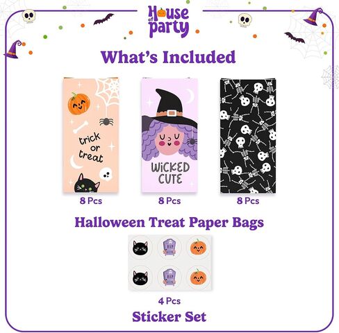 HOUSE OF PARTY Halloween Treats Bags - 24 Pcs | Trick or Treat, Wicked Cute Halloween Paper Treat Bags | Candy Bags with Stickers for Halloween Party Favor Supplies, Halloween Treats, Snacks in Saudi Arabia