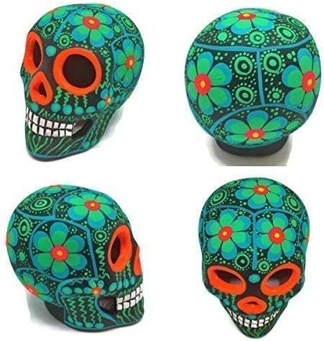 جمجمة سكر مكسيكية مرسومة يدويًا من ARTESANO - زخارف مذبح Dia de Los Muertos مقاس 3 بوصات | جماجم السكر الميتة | ديكور كالافيراس سيراميك سينكو دي مايو للمنزل أو المكتب [زهرة خضراء] in Saudi Arabia
