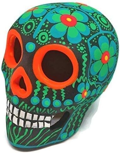 جمجمة سكر مكسيكية مرسومة يدويًا من ARTESANO - زخارف مذبح Dia de Los Muertos مقاس 3 بوصات | جماجم السكر الميتة | ديكور كالافيراس سيراميك سينكو دي مايو للمنزل أو المكتب [زهرة خضراء] in Saudi Arabia