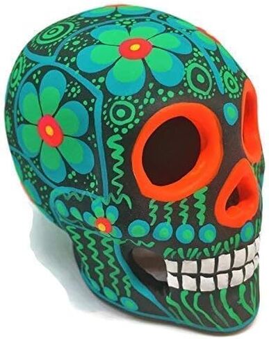 جمجمة سكر مكسيكية مرسومة يدويًا من ARTESANO - زخارف مذبح Dia de Los Muertos مقاس 3 بوصات | جماجم السكر الميتة | ديكور كالافيراس سيراميك سينكو دي مايو للمنزل أو المكتب [زهرة خضراء] in Saudi Arabia