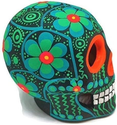 جمجمة سكر مكسيكية مرسومة يدويًا من ARTESANO - زخارف مذبح Dia de Los Muertos مقاس 3 بوصات | جماجم السكر الميتة | ديكور كالافيراس سيراميك سينكو دي مايو للمنزل أو المكتب [زهرة خضراء] in Saudi Arabia
