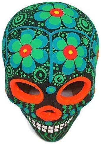 جمجمة سكر مكسيكية مرسومة يدويًا من ARTESANO - زخارف مذبح Dia de Los Muertos مقاس 3 بوصات | جماجم السكر الميتة | ديكور كالافيراس سيراميك سينكو دي مايو للمنزل أو المكتب [زهرة خضراء] in Saudi Arabia