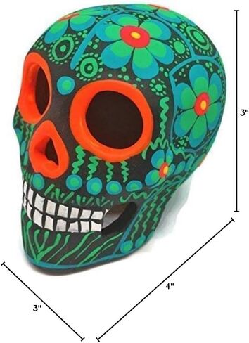 جمجمة سكر مكسيكية مرسومة يدويًا من ARTESANO - زخارف مذبح Dia de Los Muertos مقاس 3 بوصات | جماجم السكر الميتة | ديكور كالافيراس سيراميك سينكو دي مايو للمنزل أو المكتب [زهرة خضراء] in Saudi Arabia