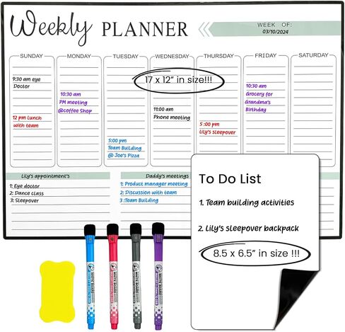 Magnetic Weekly Planner 17 x 12 Inches with Fine Grid – Magnetic Calendar for Fridge with 4 Magnetic Markers, 1 Eraser and 1 Small Dry Erase Board – Perfect Organization for Everyone in Saudi Arabia