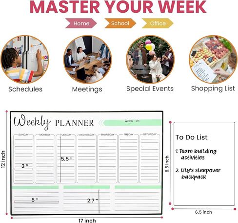 Magnetic Weekly Planner 17 x 12 Inches with Fine Grid – Magnetic Calendar for Fridge with 4 Magnetic Markers, 1 Eraser and 1 Small Dry Erase Board – Perfect Organization for Everyone in Saudi Arabia