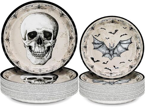 DYLIVeS Halloween Party Plates, 100 Pack Halloween Skull Bats Disposable Paper Plates Dinnerware, 9" Dinner Plates 7" Dessert Plates Halloween Party Supplies Spooky Halloween Decorations Boys Men in Saudi Arabia