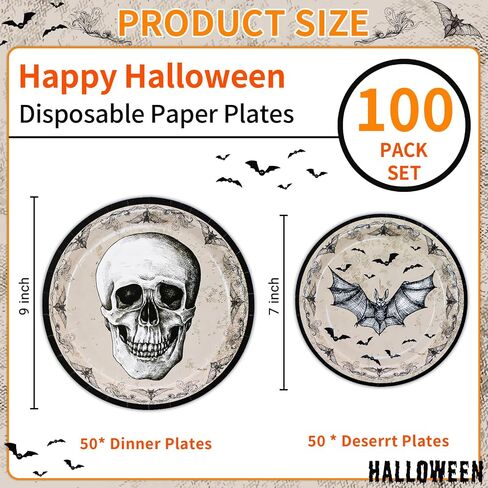DYLIVeS Halloween Party Plates, 100 Pack Halloween Skull Bats Disposable Paper Plates Dinnerware, 9" Dinner Plates 7" Dessert Plates Halloween Party Supplies Spooky Halloween Decorations Boys Men in Saudi Arabia