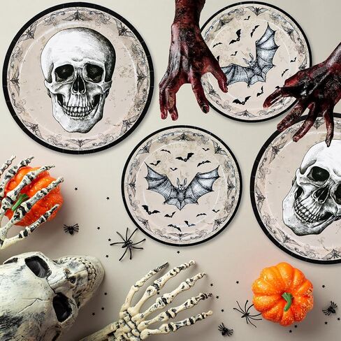 DYLIVeS Halloween Party Plates, 100 Pack Halloween Skull Bats Disposable Paper Plates Dinnerware, 9" Dinner Plates 7" Dessert Plates Halloween Party Supplies Spooky Halloween Decorations Boys Men in Saudi Arabia