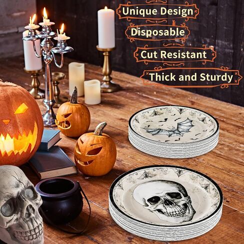 DYLIVeS Halloween Party Plates, 100 Pack Halloween Skull Bats Disposable Paper Plates Dinnerware, 9" Dinner Plates 7" Dessert Plates Halloween Party Supplies Spooky Halloween Decorations Boys Men in Saudi Arabia
