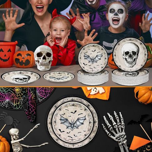 DYLIVeS Halloween Party Plates, 100 Pack Halloween Skull Bats Disposable Paper Plates Dinnerware, 9" Dinner Plates 7" Dessert Plates Halloween Party Supplies Spooky Halloween Decorations Boys Men in Saudi Arabia