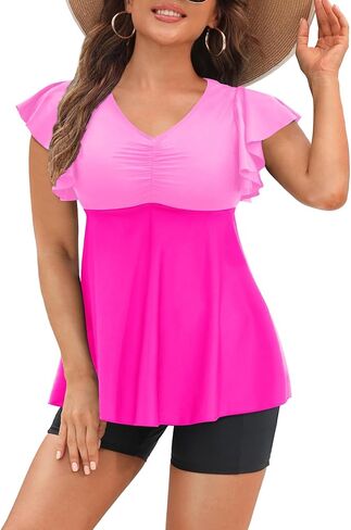 Yonique Women Tankini with Shorts and Pocket Two Piece Swimsuits Ruffle Sleeve Bathing Suit Flowy Swimwear Pink Large in Saudi Arabia
