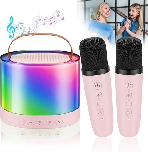 Mini Karaoke Machine for Kids, Bluetooth Speaker with 2 Wireless Microphones, Protable Toddler Karaoke Machine Toys with Variable Voice LED Lights for 4-12 Years Old Girls Christmas Birthday Gift in Saudi Arabia
