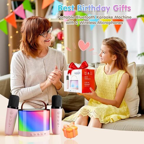 Mini Karaoke Machine for Kids, Bluetooth Speaker with 2 Wireless Microphones, Protable Toddler Karaoke Machine Toys with Variable Voice LED Lights for 4-12 Years Old Girls Christmas Birthday Gift in Saudi Arabia