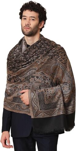 Zamour Large Jacquard Woven Indian Shawl Wrap for Men, Light Weight, Traditional Floral Jaal Patterns Black in Kuwait